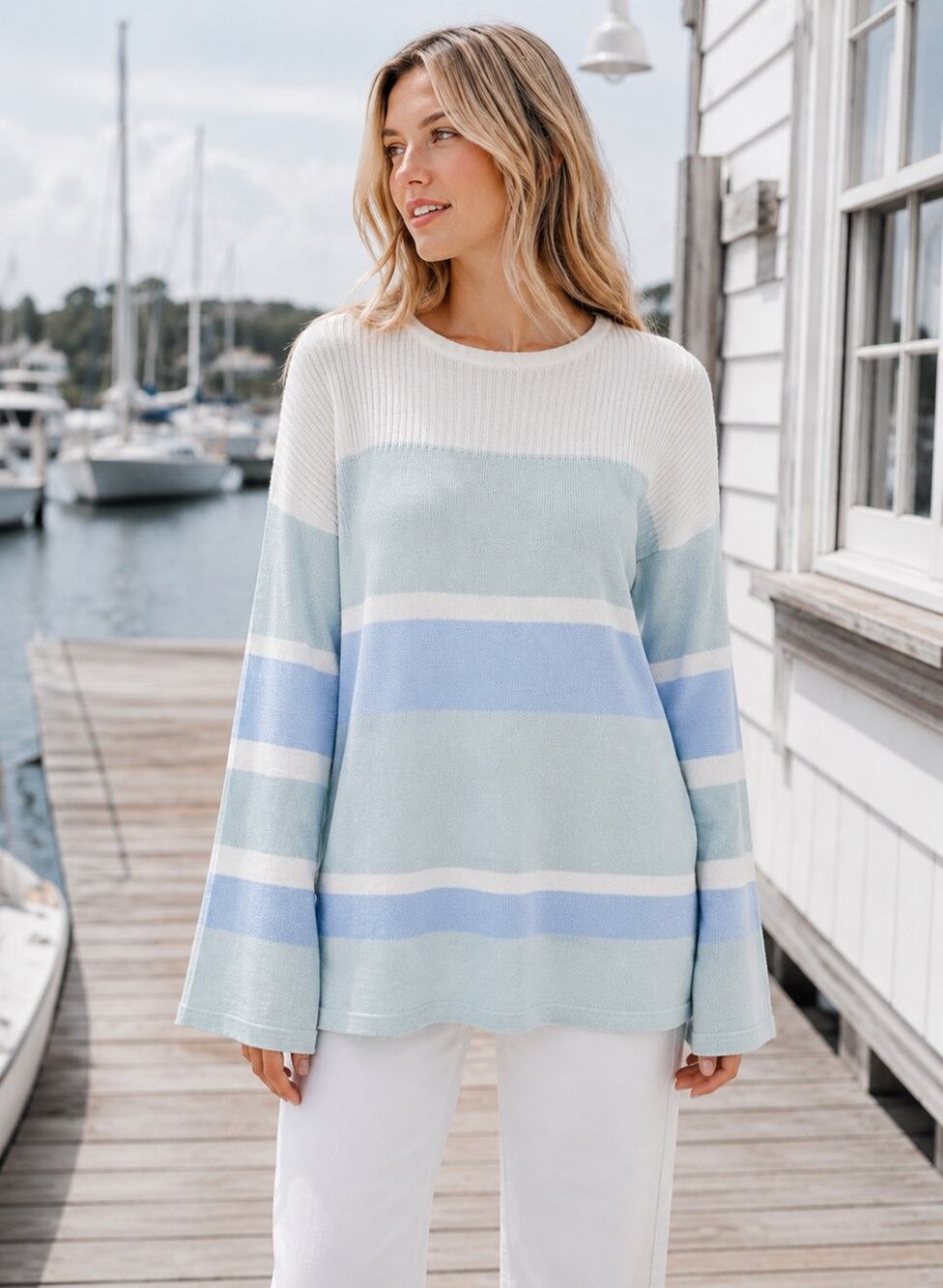 Sabo Skirt Blue Stripe Knit Sweater Bell Flare Sleeve Coastal Beachy Size Small